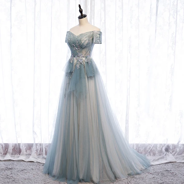 Charmant Himmelblau Abendkleider 2020 A Linie Perlenstickerei Perle Pailletten Spitze Blumen Off Shoulder Rückenfreies Lange Festliche Kleider