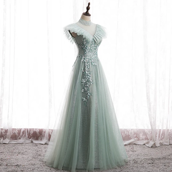 Vintage / Retro Sage Green Prom Dresses A-Line / Princess 2020 Scoop Neck Beading Rhinestone Sequins Sleeveless Backless Floor-Length / Long Formal Dresses