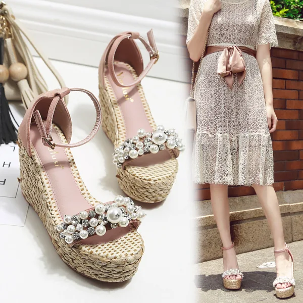 Fashion Blushing Pink Street Wear Summer Braid Womens Sandals 2020 Pearl Ankle Strap Rhinestone 10 cm Wedges Open / Peep Toe Sandals