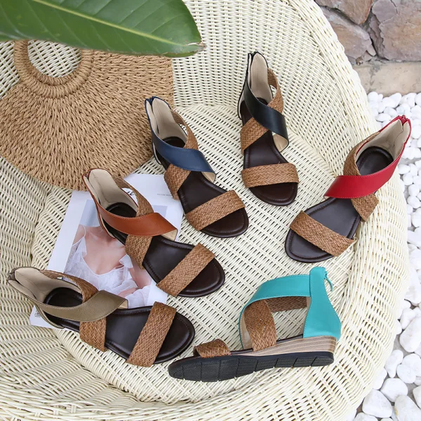 Bohemliv Sommar Röd Stranden Fläta Sandaler Dam 2020 4 cm Låg Klack Peep Toe Sandaler