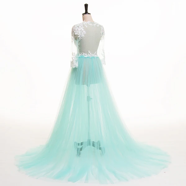 Chic / Beautiful Pool Blue Summer Evening Dresses  2018 A-Line / Princess Pierced Lace Appliques V-Neck 3/4 Sleeve Sweep Train Formal Dresses