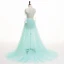 Chic / Beautiful Pool Blue Summer Evening Dresses  2018 A-Line / Princess Pierced Lace Appliques V-Neck 3/4 Sleeve Sweep Train Formal Dresses