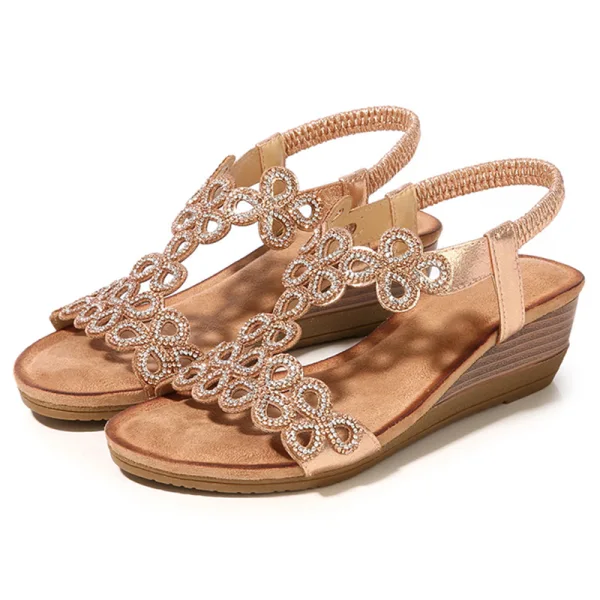 Böhmen Champagner Strand Sandalen Damen 2020 Strass 5 cm Keilabsatz Peeptoes Sandaletten