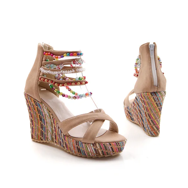 Bohemia Orange Street Wear Summer Womens Sandals 2020 Beading 9 cm Wedges Open / Peep Toe Sandals