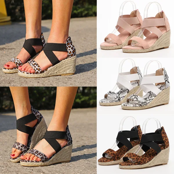 Schöne Braun Strassenmode Leopardenmuster Sandalen Damen 2020 8 cm Keilabsatz Peeptoes Sandaletten