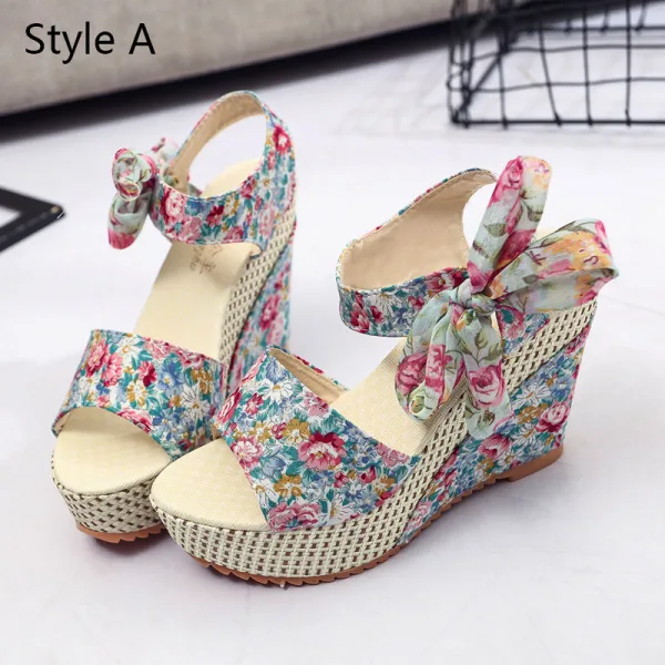Affordable Outdoor / Garden Black Floral Womens Sandals 2020 Bow 11 cm Wedges Open / Peep Toe Sandals