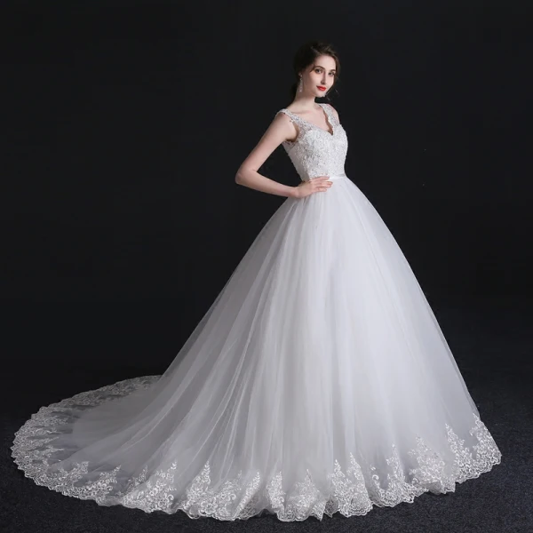 Modest / Simple White Wedding Dresses 2018 Ball Gown Lace V-Neck Backless Sleeveless Court Train Wedding