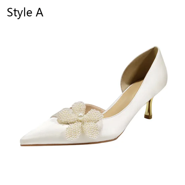 Elegant Ivory Wedding Shoes 2020 Leather Pearl Flower 5 cm Stiletto Heels Pointed Toe Wedding Pumps