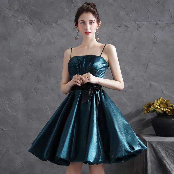 Modern / Fashion Ink Blue Party Dresses 2021 A-Line / Princess Spaghetti Straps Bow Sleeveless Short Backless Formal Dresses