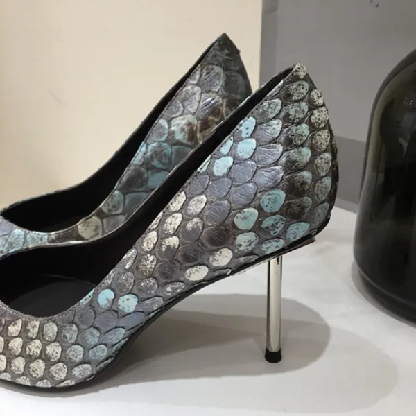 Mode Abend Fischschuppen Pumps 2020 Leder 8 cm Stilettos Spitzschuh Pumps