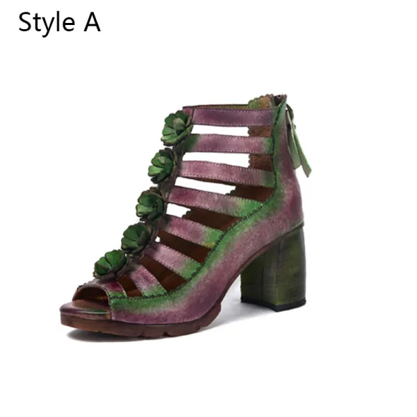 Vintage / Originale Ethnique Été Violet Vêtement de rue Sandales Femme 2020 Cuir Fleur 6 cm Talons Épais Peep Toes / Bout Ouvert Sandales