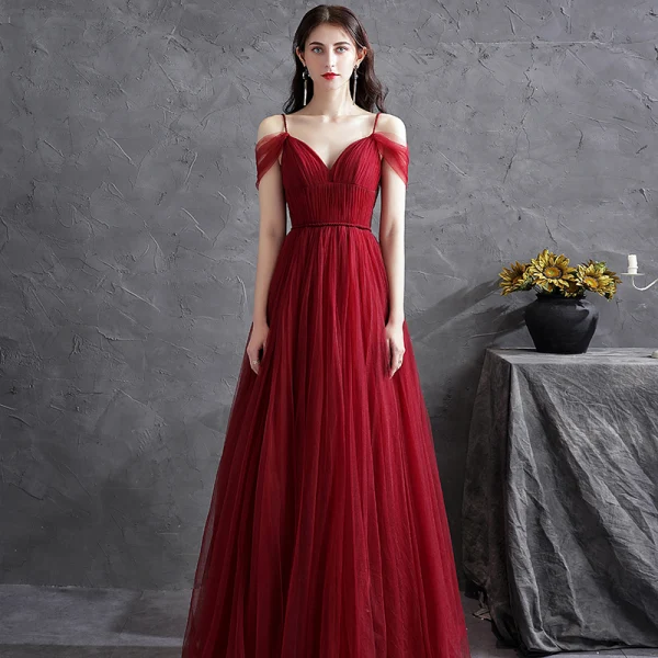 Chic / Beautiful Burgundy Puffy Prom Dresses 2021 A-Line / Princess Spaghetti Straps Short Sleeve Backless Sash Floor-Length / Long Formal Dresses