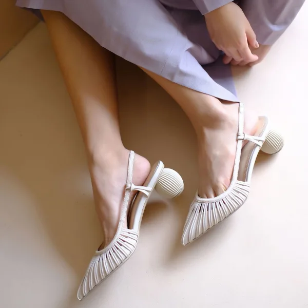 Simple Été Slingbacks Vert Cendré Désinvolte Sandales Femme 2020 Cuir 4 cm Talon Bas À Bout Pointu Sandales