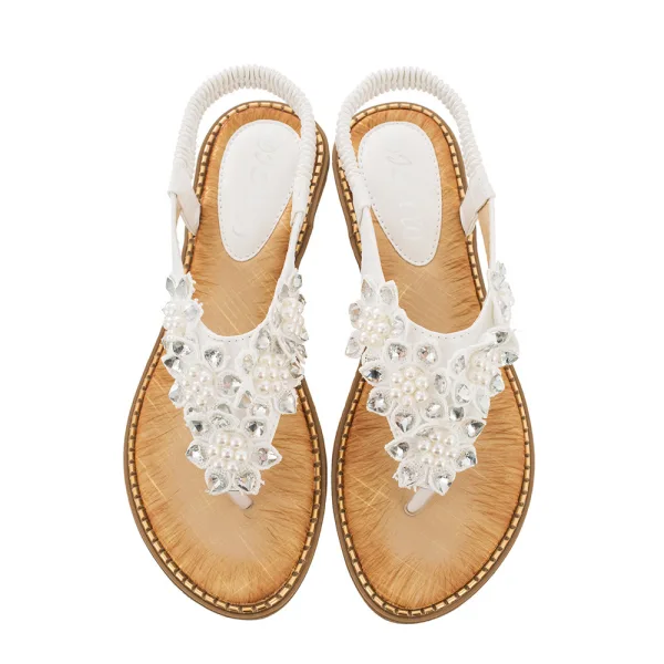 Böhmen Beige Strand Sommer Sandalen Damen 2020 Perle Strass Peeptoes Flache Sandaletten