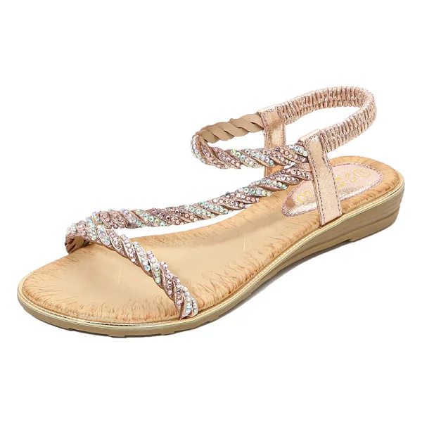 Bohême Charmant Été Argenté Plage Sandales Femme 2020 Faux Diamant Peep Toes / Bout Ouvert Plate Sandales