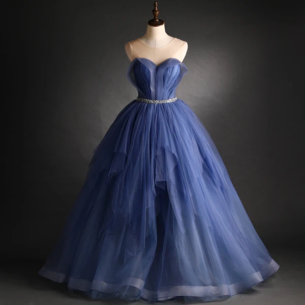 Elegant Ocean Blue Prom Dresses 2021 Ball Gown Scoop Neck Beading Sequins Sash Sleeveless Backless Floor-Length / Long Prom Formal Dresses