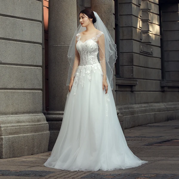 Chic / Belle Ivoire Robe De Mariée 2018 Princesse Appliques Encolure Dégagée Dos Nu Manches Longues Longue Mariage
