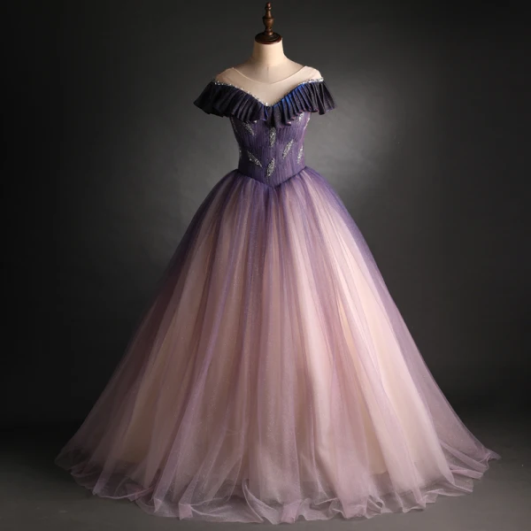 Elegant Gradient-Color Purple Glitter Prom Dresses 2021 Ball Gown Scoop Neck Beading Sequins Short Sleeve Backless Floor-Length / Long Prom Formal Dresses
