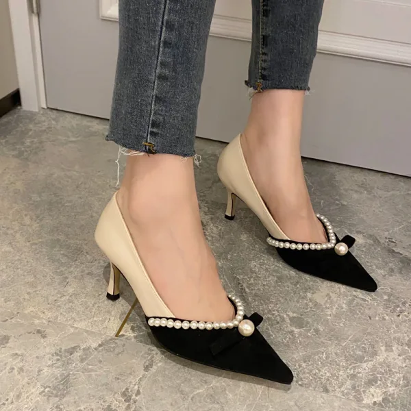 Elegante Beige Abend Perle Pumps 2021 7 cm Stilettos Spitzschuh Pumps Hochhackige