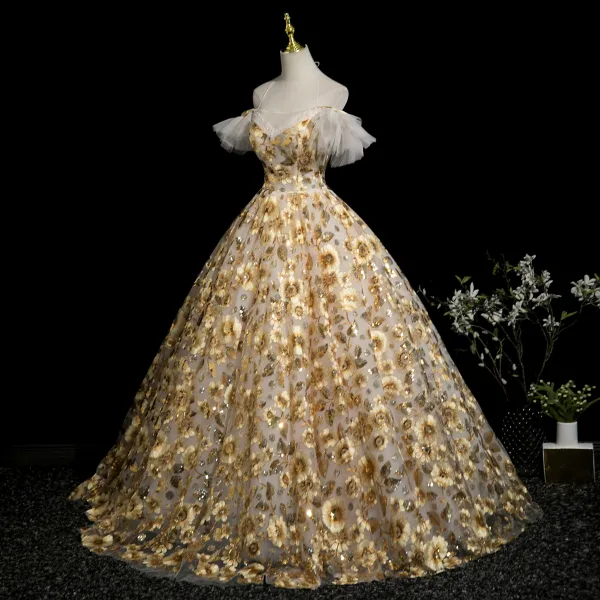 Flower Fairy Yellow Beading Sequins Lace Flower Floral Prom Dresses 2025 Ball Gown Spaghetti Straps Short Sleeve Backless Floor-Length / Long Formal Dresses