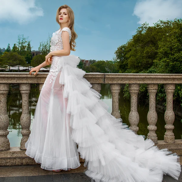 Sexy Weiß Brautkleider 2018 Mermaid Applikationen Mit Spitze Durchsichtige V-Ausschnitt Rückenfreies Ärmel Sweep / Pinsel Zug Hochzeit