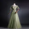 Elegant Sage Green Prom Dresses 2021 Ball Gown Square Neckline Pearl Sequins Lace Flower Short Sleeve Backless Floor-Length / Long Prom Formal Dresses
