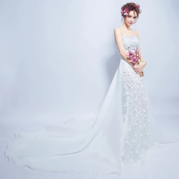 Sexy White Wedding Dresses 2018 Trumpet / Mermaid Appliques Pearl Sash Strapless Backless Sleeveless Detachable Court Train Wedding