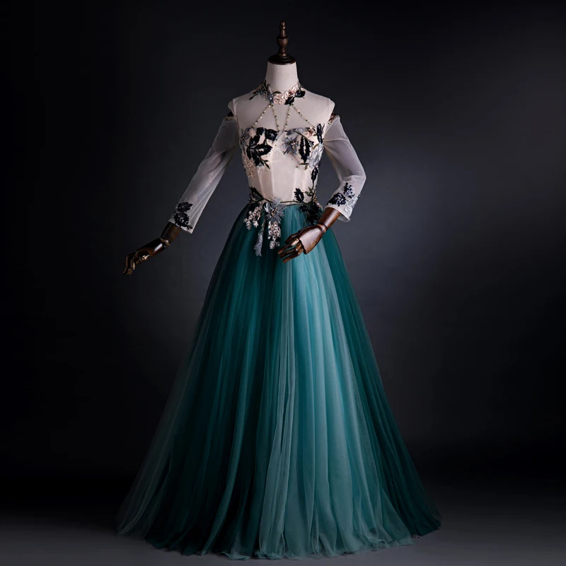 Elegant Jade Green Prom Dresses 2021 Ball Gown High Neck Pearl Rhinestone Lace Flower