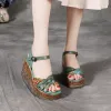 Vintage / Retro Traditional Summer Green Street Wear Womens Sandals 2020 Leather 8 cm Wedges Open / Peep Toe Sandals