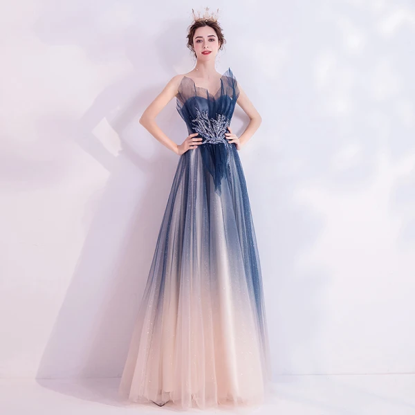 Charmant Marineblau Abendkleider 2020 A Linie Bandeau Perlenstickerei Pailletten Spitze Blumen Ärmellos Rückenfreies Lange Festliche Kleider
