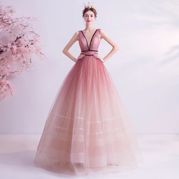 Charmant Farbverlauf Pink Ballkleider 2020 Ballkleid V-Ausschnitt Glanz Pailletten Ärmellos Rückenfreies Lange Festliche Kleider