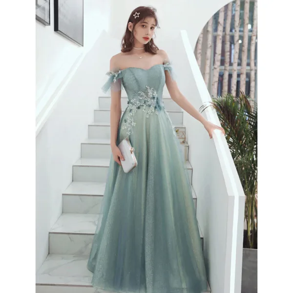 Elegant Sage Green Evening Dresses  2020 A-Line / Princess Off-The-Shoulder Beading Sequins Appliques Short Sleeve Backless Floor-Length / Long Formal Dresses
