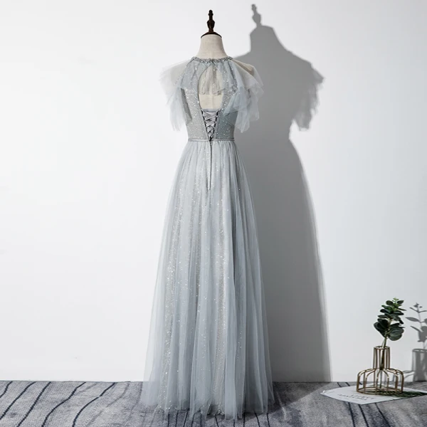 Élégant Gris Robe De Soirée 2020 Princesse Encolure Dégagée Perlage Glitter Paillettes Sans Manches Dos Nu Longue Robe De Ceremonie