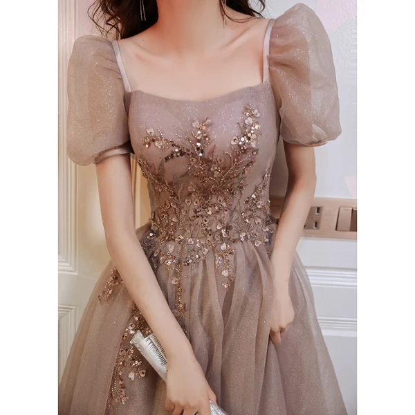 Fashion Glitter Blushing Pink Prom Dresses 2021 A-Line / Princess Square Neckline Beading Appliques Sequins Short Sleeve Backless Floor-Length / Long Formal Dresses
