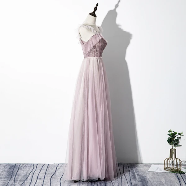 Chic / Beautiful Blushing Pink Evening Dresses  2020 A-Line / Princess V-Neck Beading Sleeveless Backless Floor-Length / Long Formal Dresses