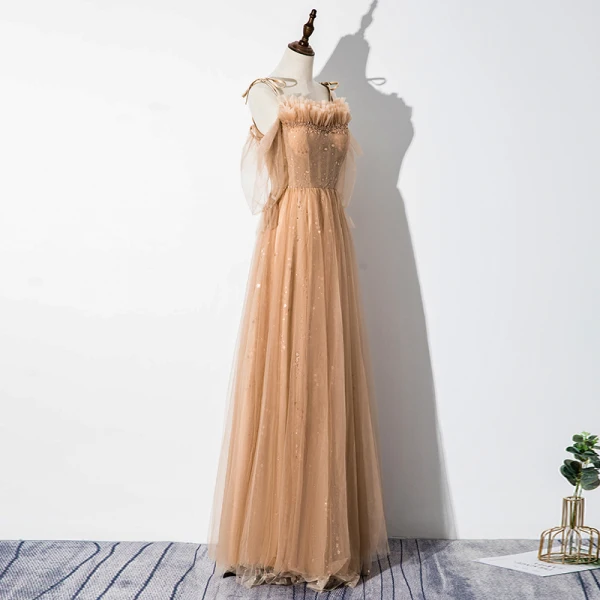 Élégant Champagne Robe De Soirée 2020 Princesse Volants Bretelles Spaghetti Perlage Étoile Paillettes 1/2 Manches Dos Nu Longue Robe De Ceremonie