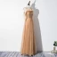 Élégant Champagne Robe De Soirée 2020 Princesse Volants Bretelles Spaghetti Perlage Étoile Paillettes 1/2 Manches Dos Nu Longue Robe De Ceremonie
