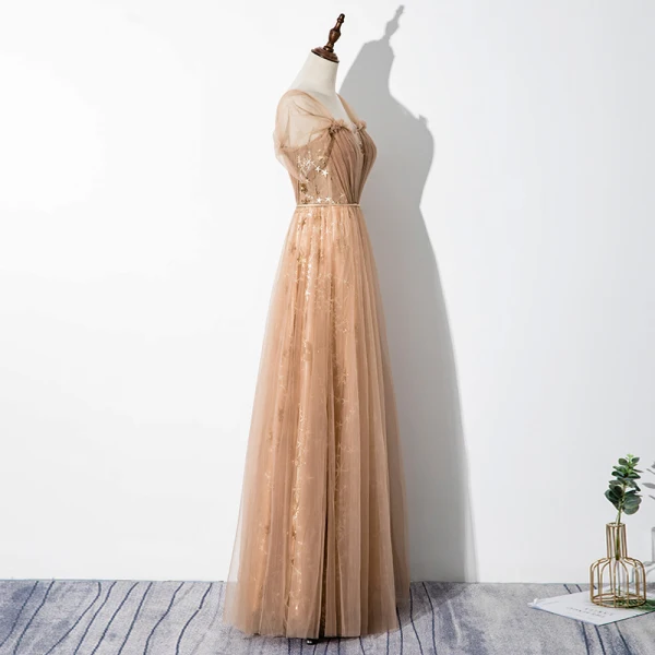 Élégant Champagne Robe De Soirée 2020 Princesse Encolure Carrée Étoile En Dentelle Paillettes Manches Courtes Dos Nu Longue Robe De Ceremonie