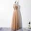 Élégant Champagne Robe De Soirée 2020 Princesse Encolure Carrée Étoile En Dentelle Paillettes Manches Courtes Dos Nu Longue Robe De Ceremonie