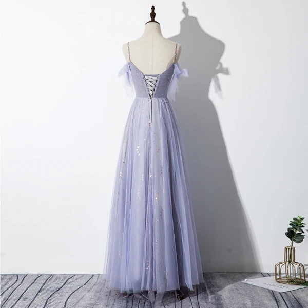 Elegante Lavendel Abendkleider 2020 A Linie Spaghettiträger Perlenstickerei Star Rückenfreies Ärmellos Schleife Lange Festliche Kleider