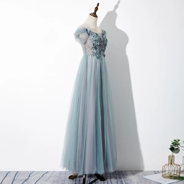 Chic / Beautiful Jade Green Evening Dresses 2020 A-Line / Princess Off-The-Shoulder Beading Sequins Lace Flower Short Sleeve Backless Floor-Length / Long Formal Dresses