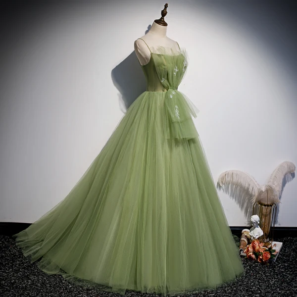 Elegant Clover Green Ruffle Prom Dresses 2020 A-Line / Princess Spaghetti Straps Pearl Sleeveless Backless Floor-Length / Long Formal Dresses