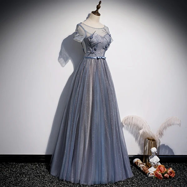 Chic / Beautiful Ocean Blue Evening Dresses 2020 A-Line / Princess Beading Lace Flower Sequins Scoop Neck Short Sleeve Backless Floor-Length / Long Formal Dresses