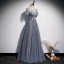Chic / Beautiful Ocean Blue Evening Dresses  2020 A-Line / Princess Beading Lace Flower Sequins Scoop Neck Short Sleeve Backless Floor-Length / Long Formal Dresses