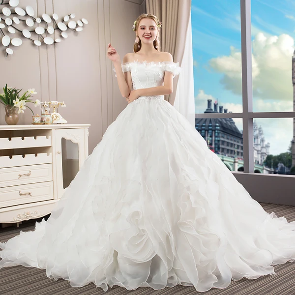 Elegant Ivory Wedding Dresses 2018 Ball Gown Lace Cascading Ruffles Off-The-Shoulder Backless Sleeveless Royal Train Wedding