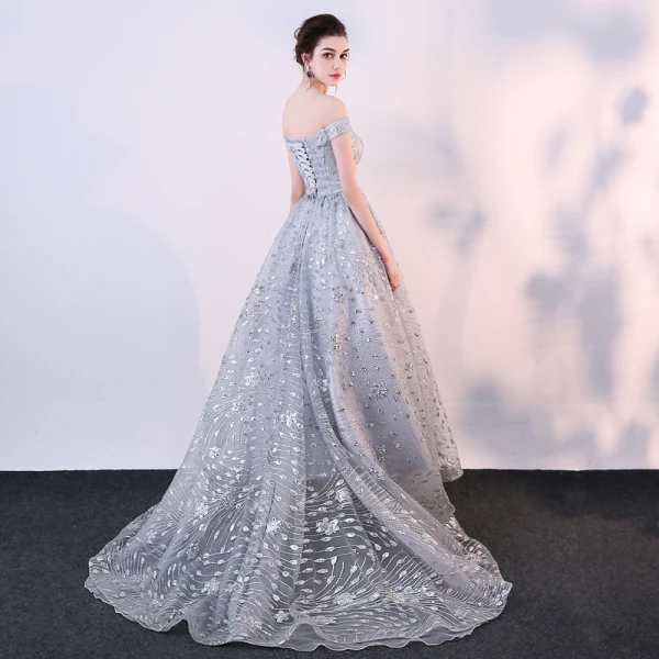 Glitzernden Grau Abendkleider 2018 A Linie Glanz Pailletten Off Shoulder Rückenfreies Ärmellos Sweep / Pinsel Zug Festliche Kleider