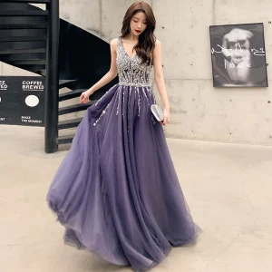 Charming Purple Evening Dresses 2020 A Line Princess V Neck Beading Sequins Sleeveless Backless Floor Length Long Formal Dresses