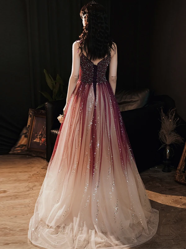 Charmant Bordeaux Robe De Soirée 2020 Princesse Bretelles Spaghetti Perlage Paillettes Sans Manches Dos Nu Longue Robe De Ceremonie