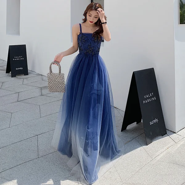 medium blue prom dress Spaghetti Straps Light Blue Satin Mermaid Simple Prom Dress TP1049 US8 / Custom Color main image 1