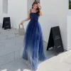 Chic / Beautiful Royal Blue Evening Dresses  2020 A-Line / Princess Spaghetti Straps Beading Sleeveless Backless Floor-Length / Long Formal Dresses